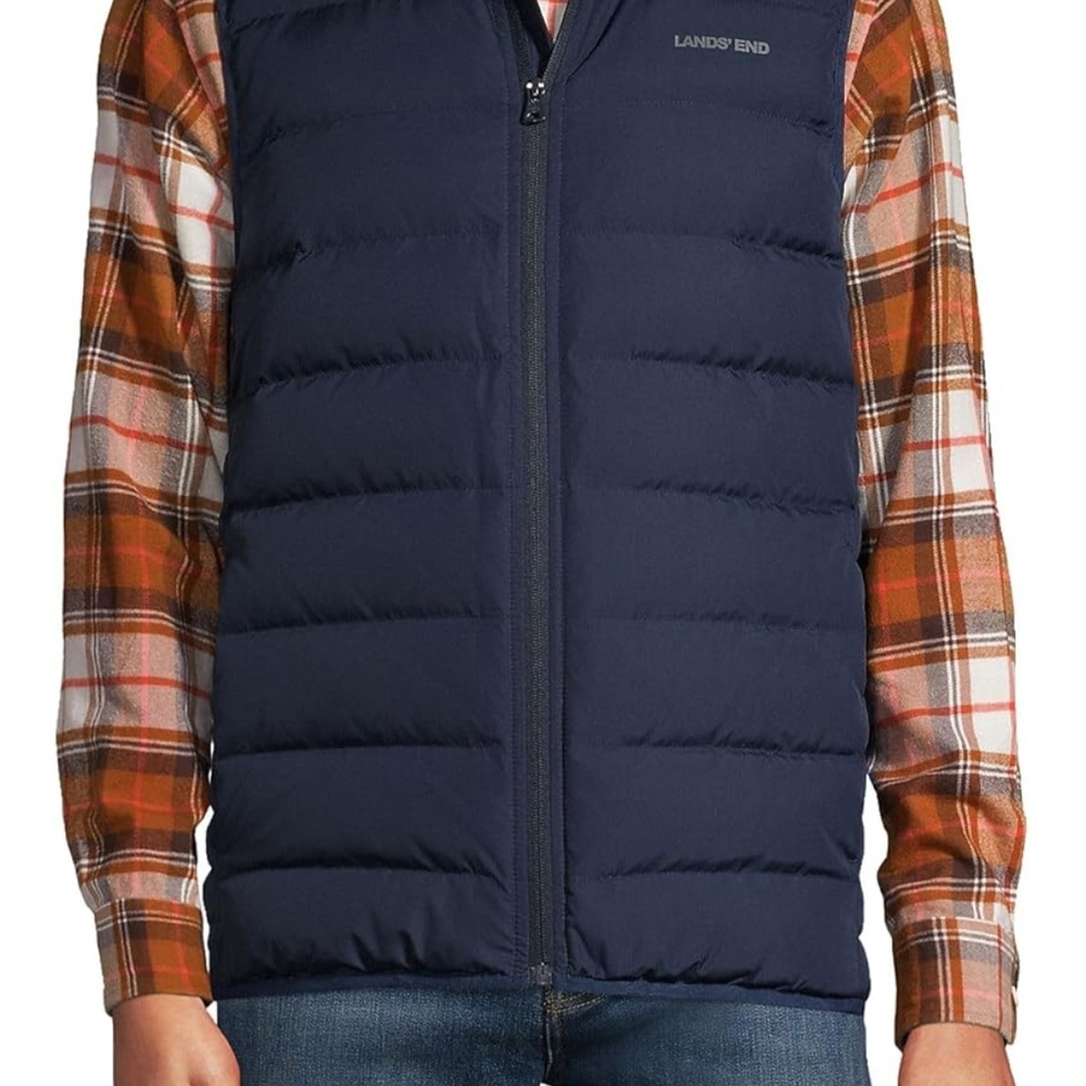 Lands End Men's Puffer‎ Vest, Size 42-44, Black, Snap Pockets, Full Zipper